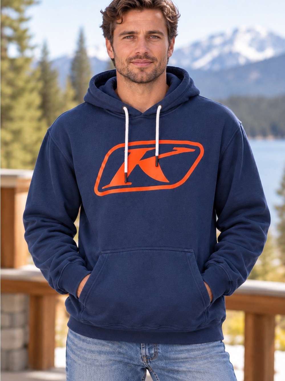 KLIM Men’s Navy Blue Orange Logo Pullover Hoodie Sweatshirt Casual Moto